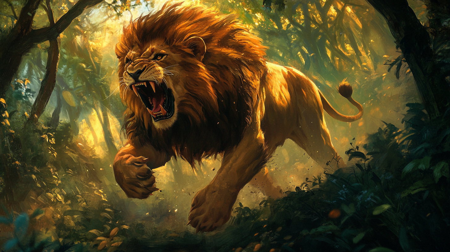 A lion attacking with mighty roar and sharp claws