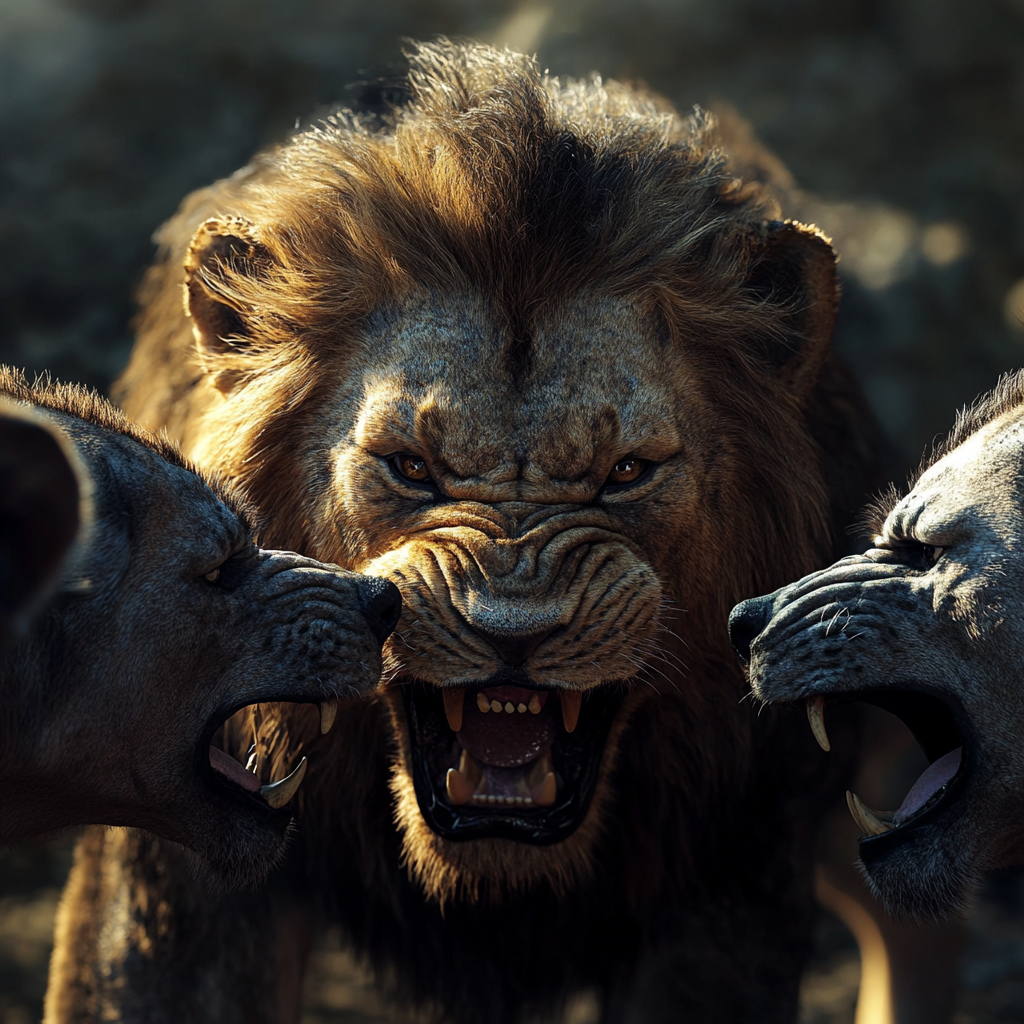 A lion fights three hyenas in hyper realistic 8k.