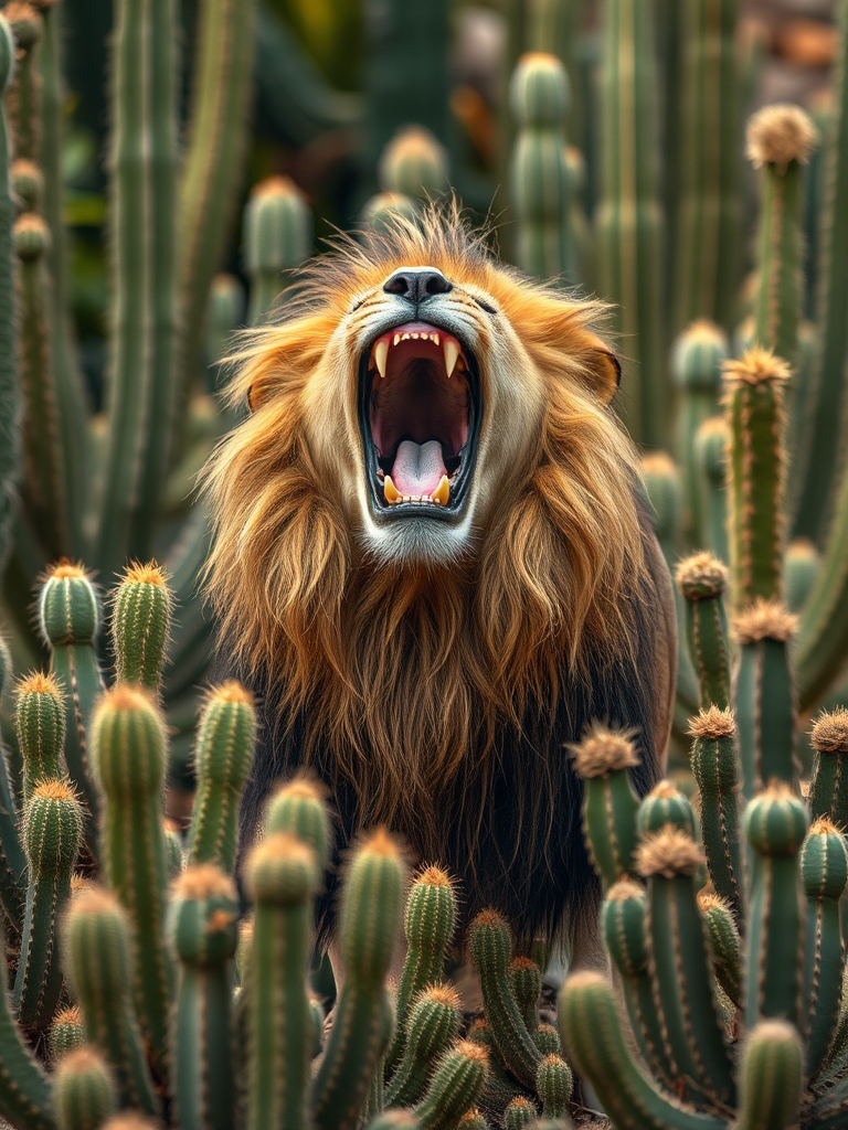 A lion with long hair in a cactus garden.