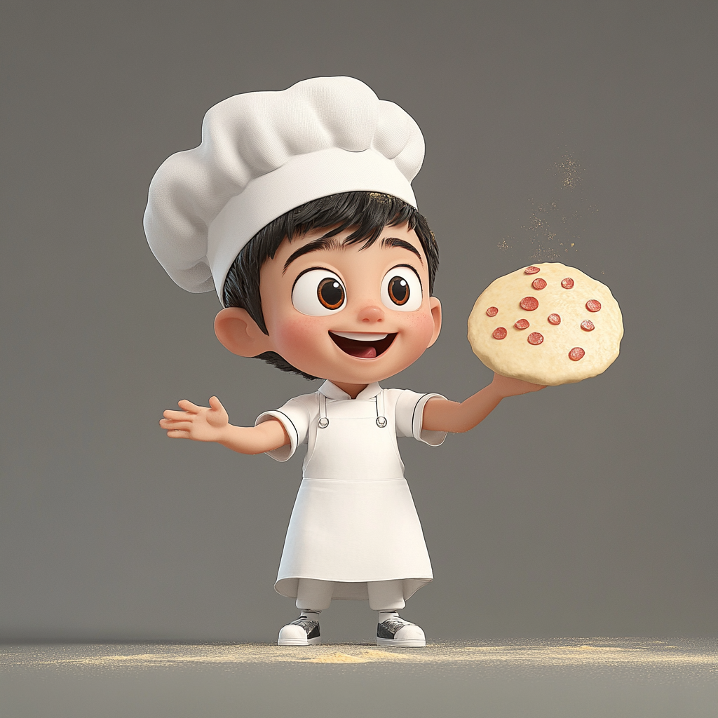 A little boy in chef hat tossing pizza dough.