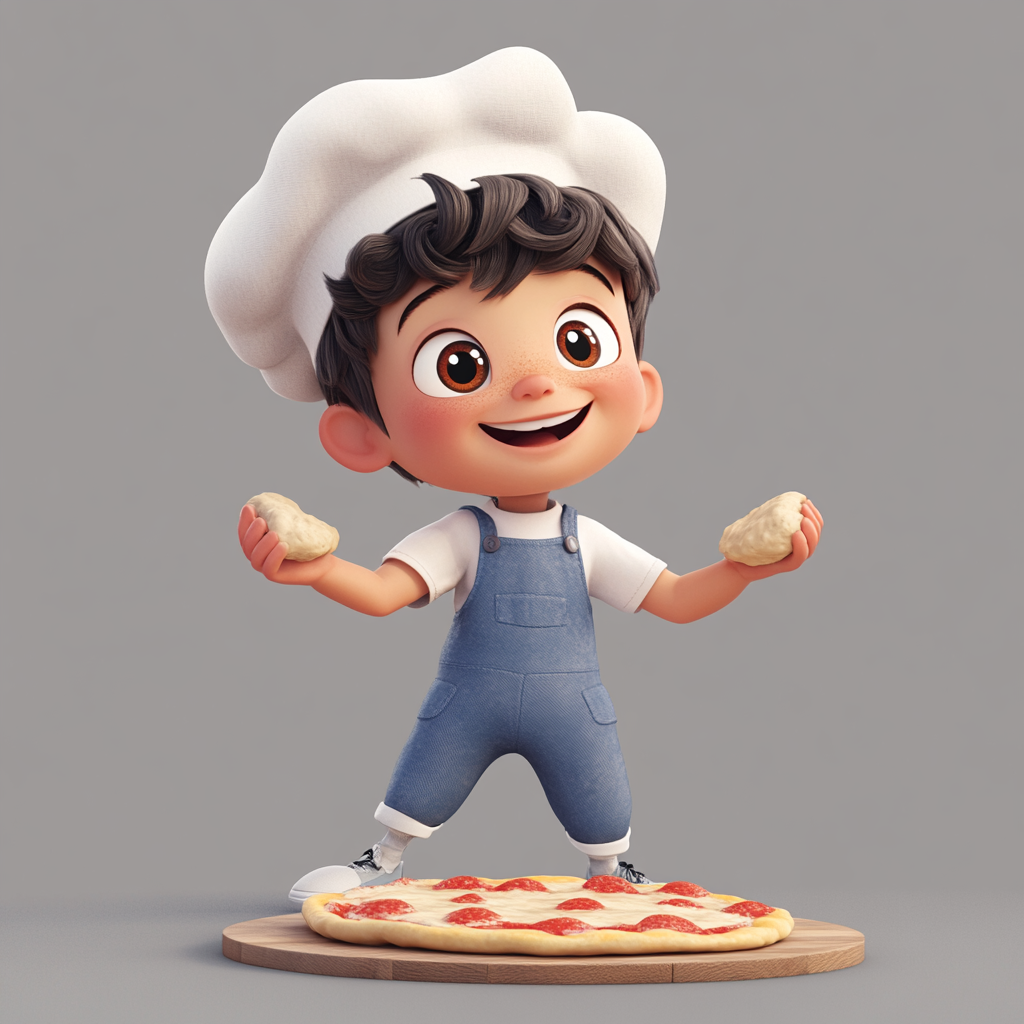 A little boy making pizza in 3D cartoon.