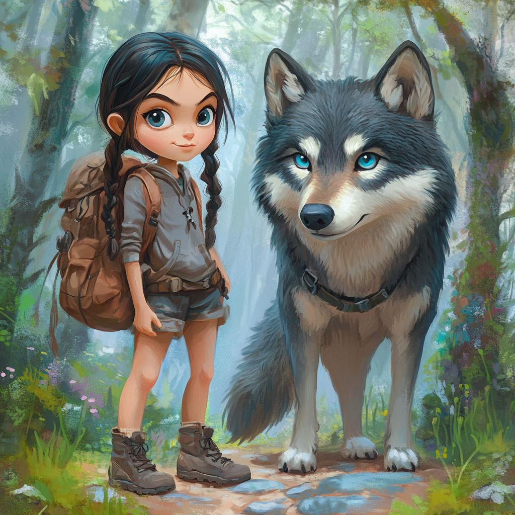 A little girl hiking in forest with wise wolf.