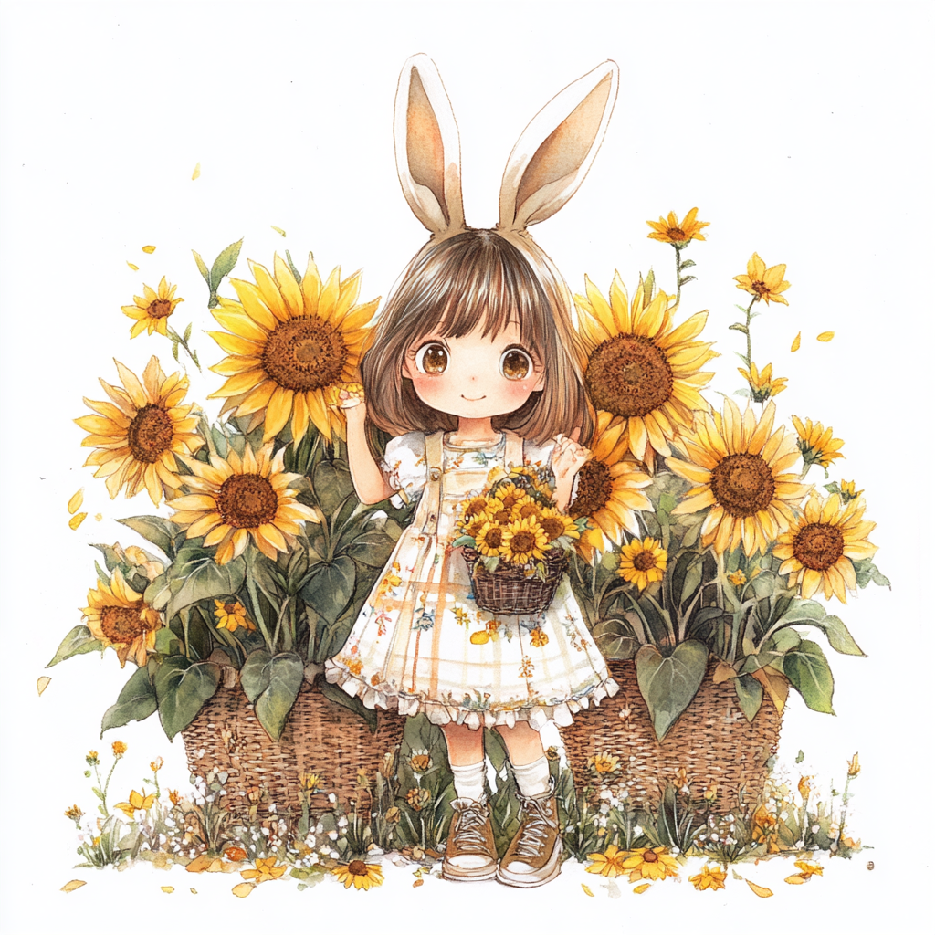 A little girl in a cute sundress, with sunflowers and stickers, in Peter Rabbit style, in a Japanese comic design.