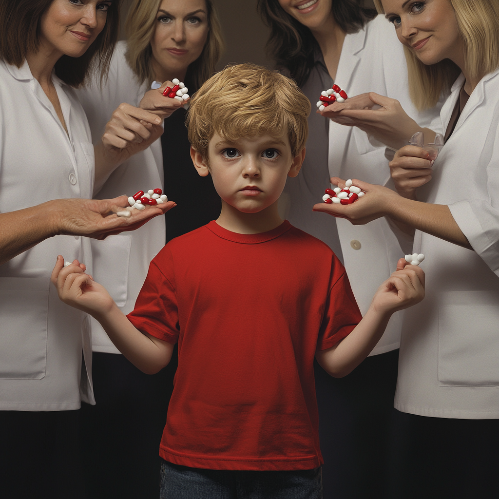 A little kid in red shirt with teachers and doctors