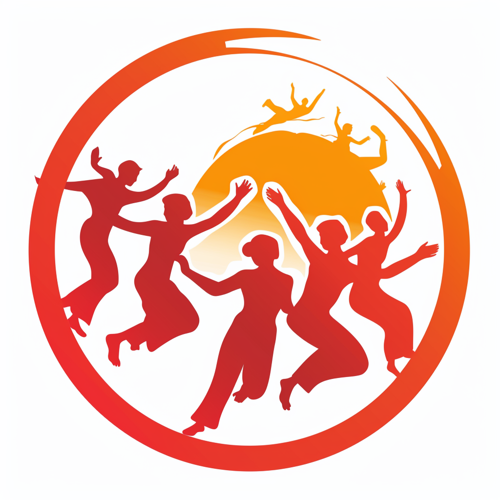 A logo with dancing people in a rave.