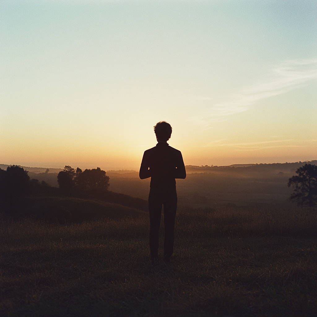 A lone figure in morning light, facing dawn.