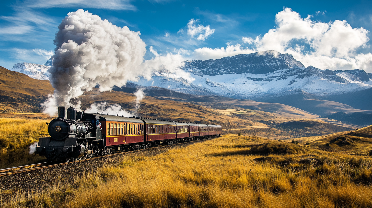 A long train travels through mountain landscape.