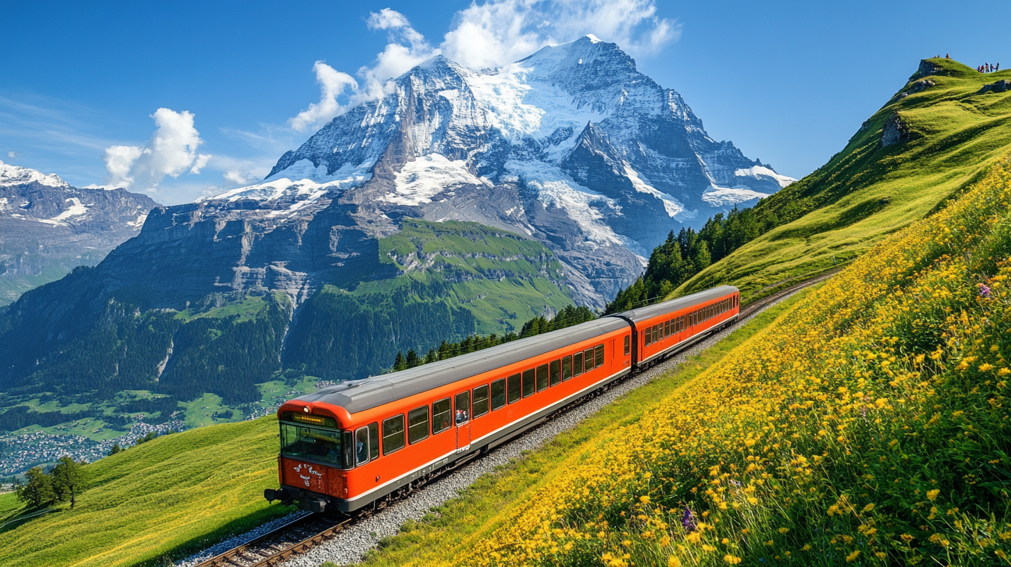 A long train travels through mountain with snowy peaks.