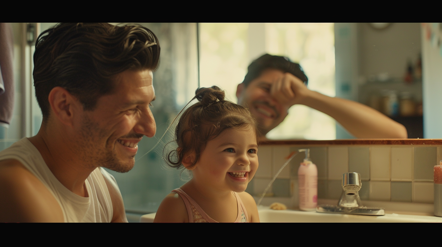 A loving dad styles daughter's hair, smiling