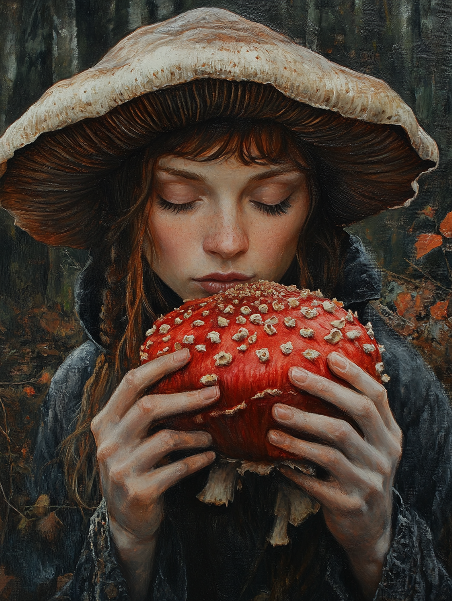 A loving witch with red mushroom in forest