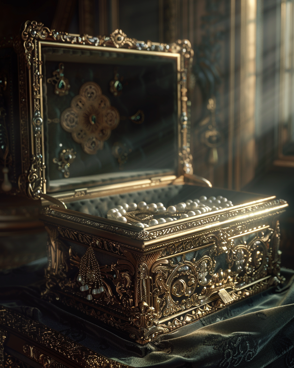 A luxurious antique royal jewelry box in opulent palace.