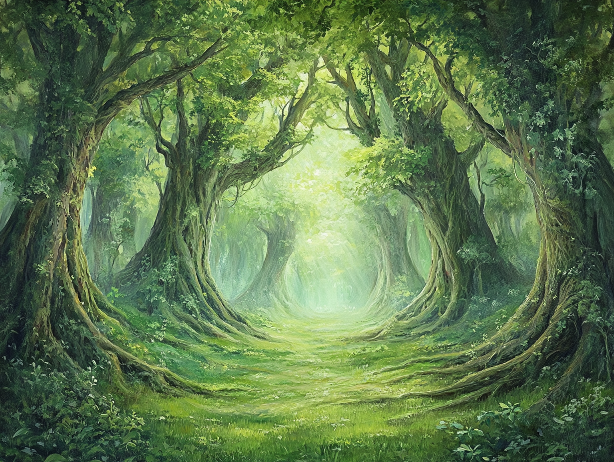 A magical forest with big trees and mystic energy.