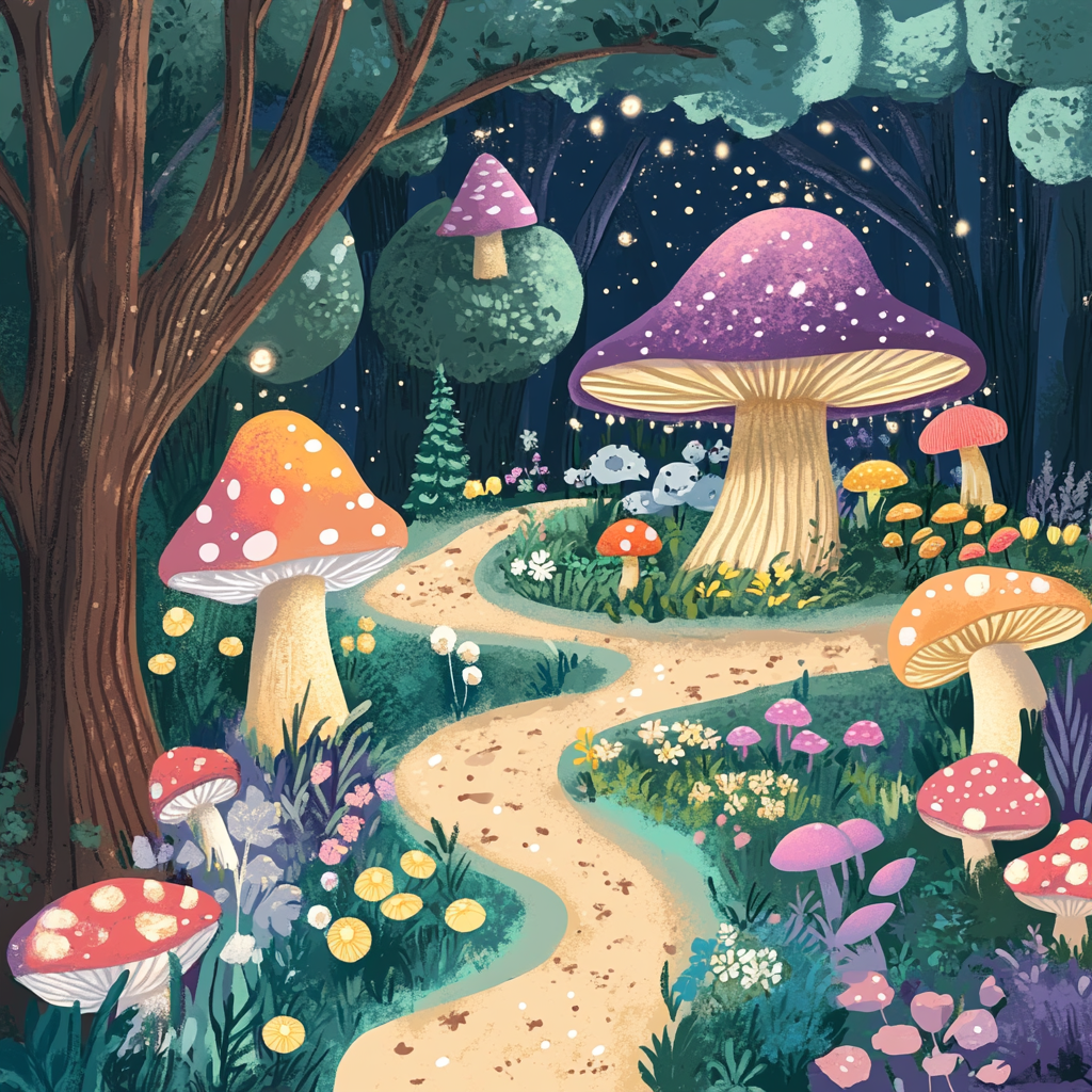 A magical forest with colorful mushrooms and animals