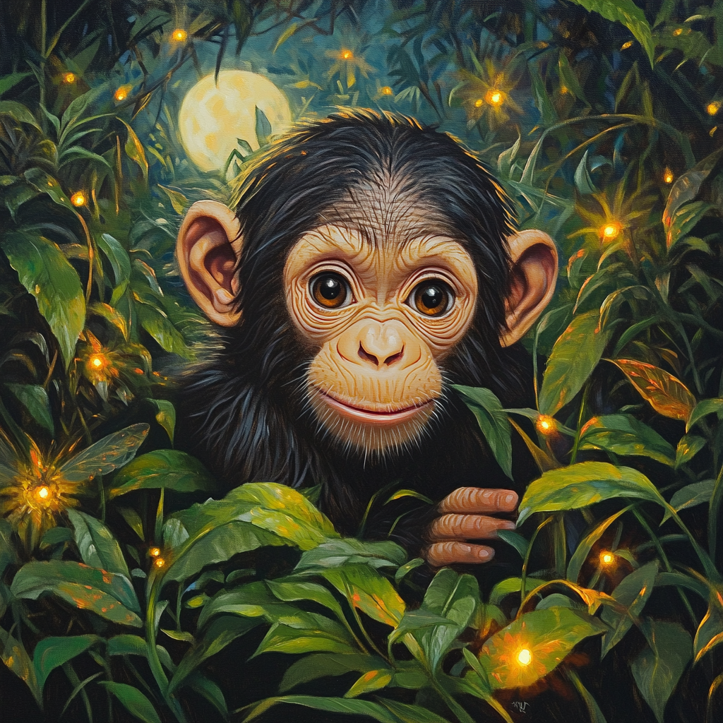 A magical jungle scene with baby chimpanzee