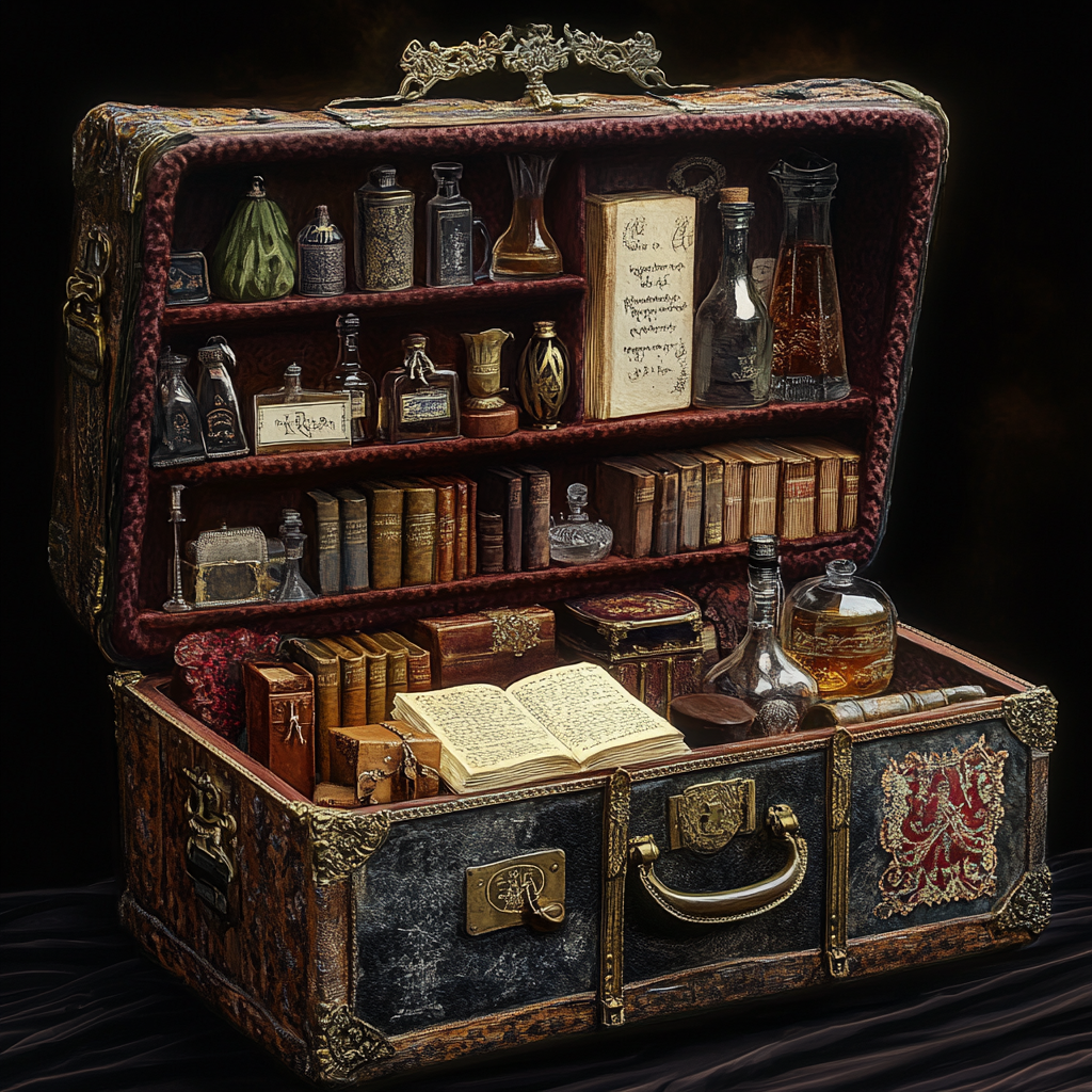 A magical suitcase with diverse items inside.