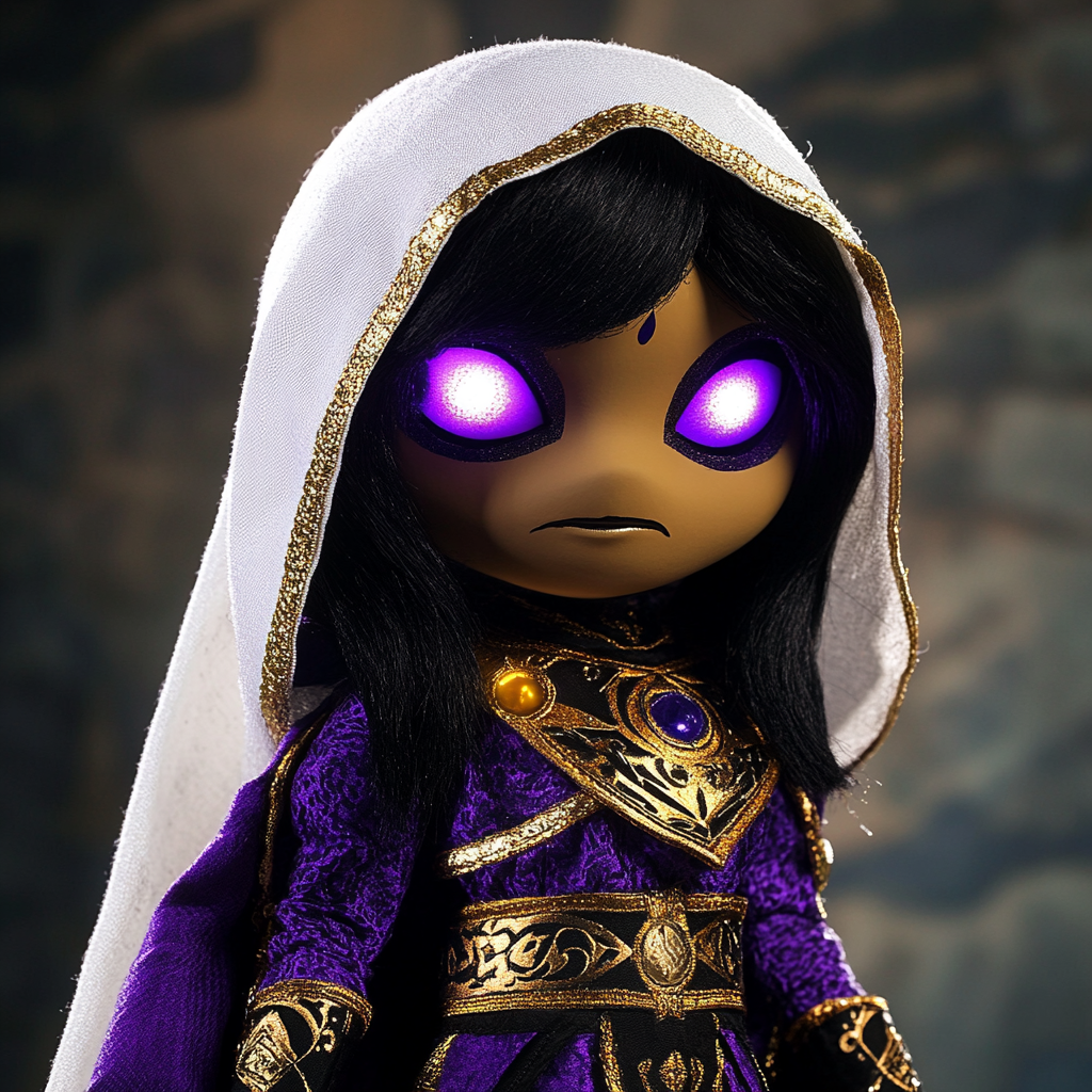 A magical superhero puppet with glowing purple eyes.