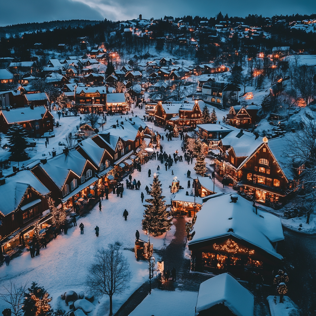 A magical winter town square at a festival.