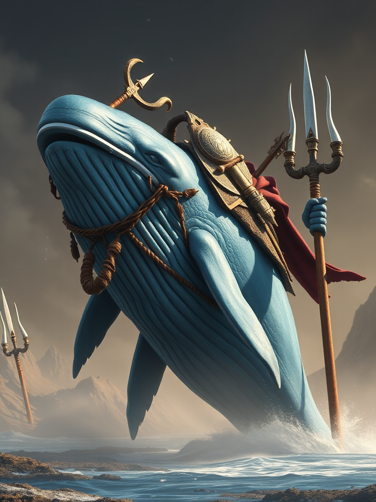 A majestic blue whale as a Titan warrior.