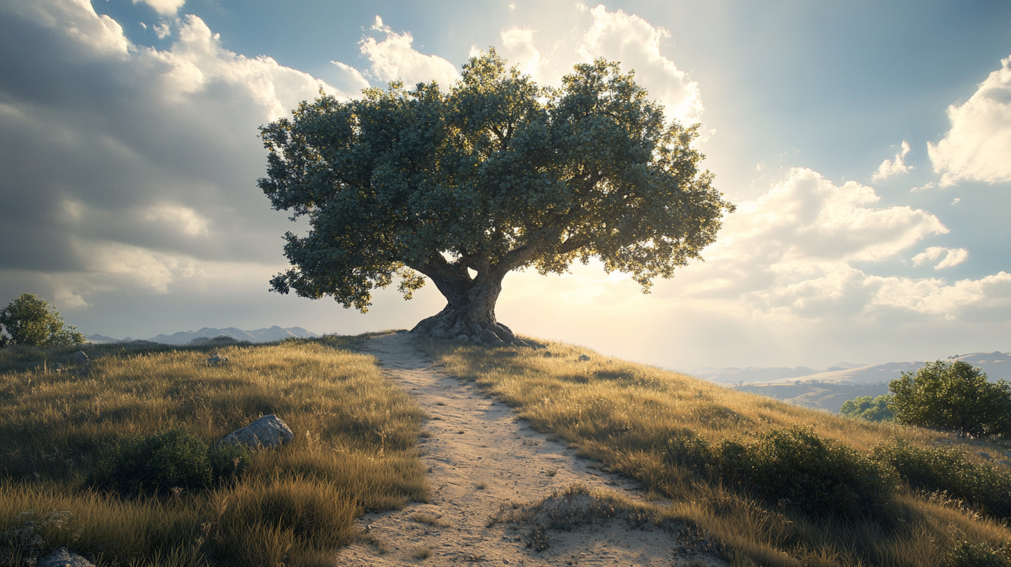 A majestic old tree leaning over worn path.