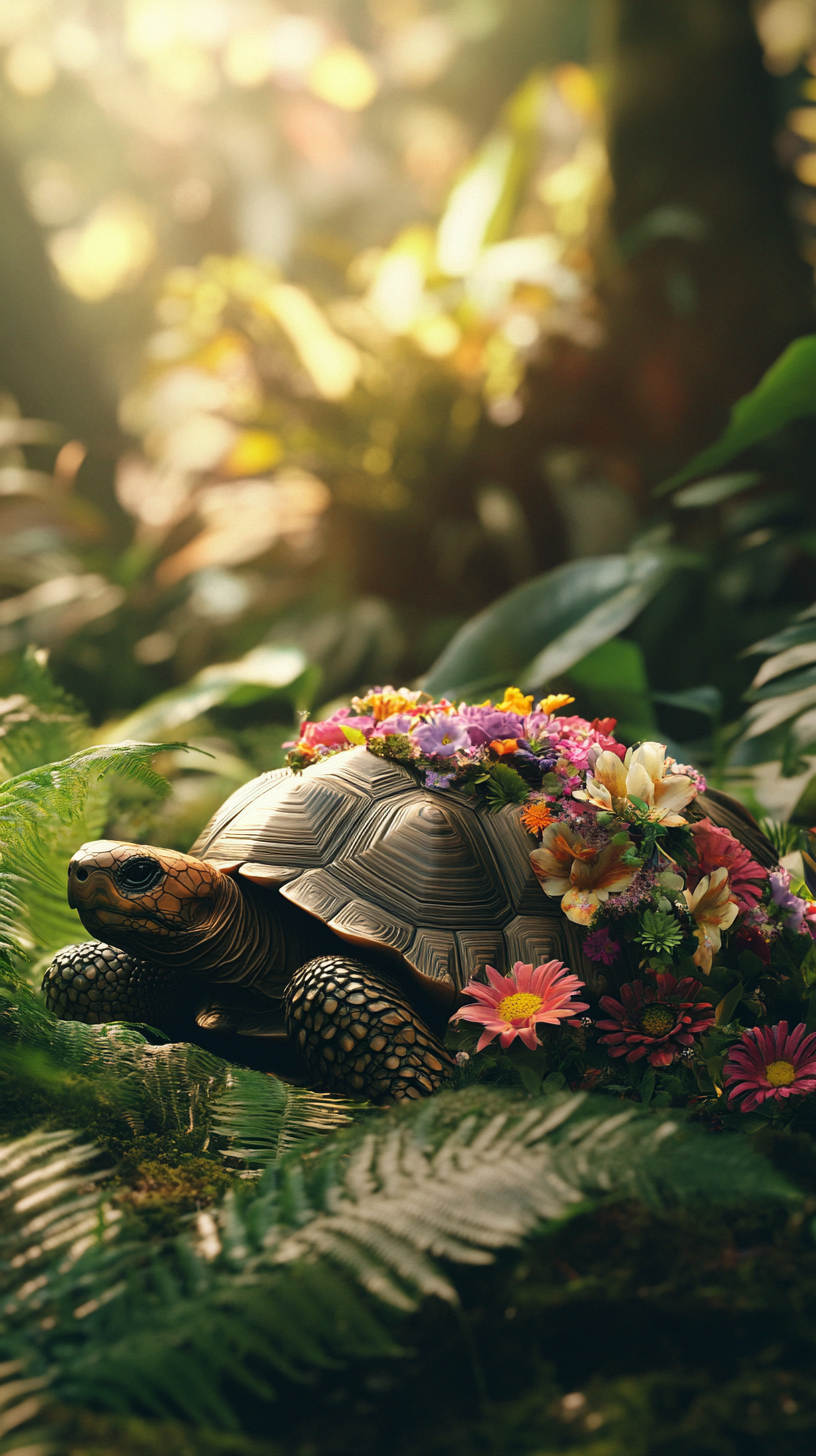 A majestic tortoise in a flower-filled forest