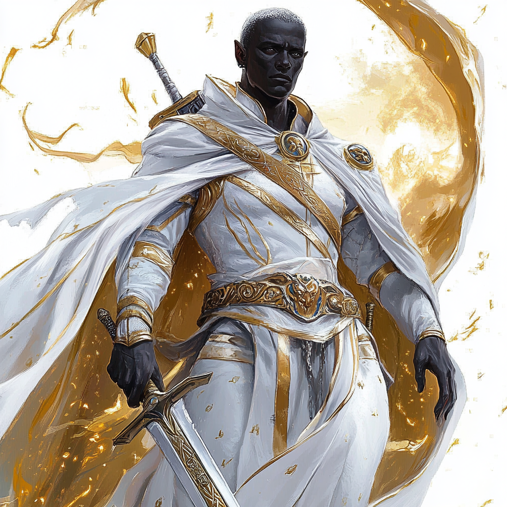 A male drow cleric of Pelor in robes