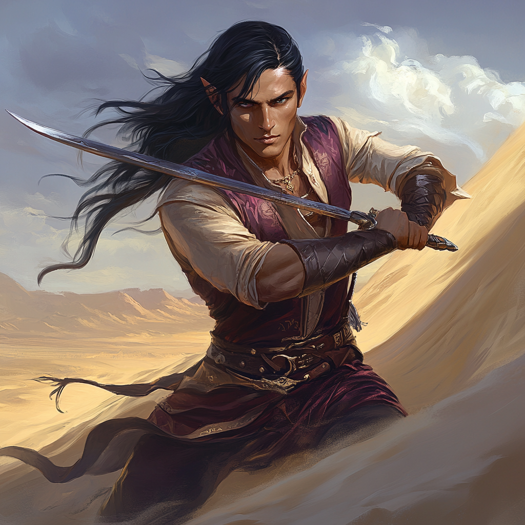 A male elf in desert, wielding sabre.