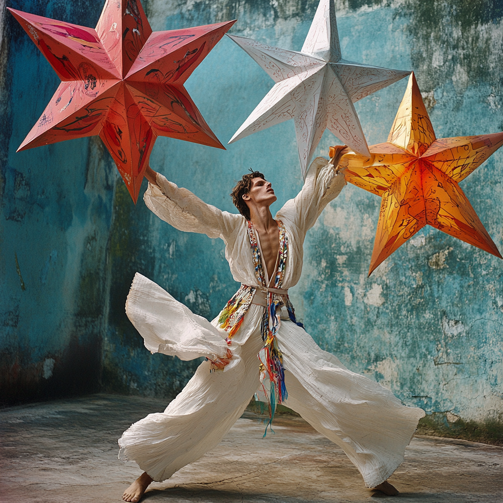 A male model dances under floating stars.