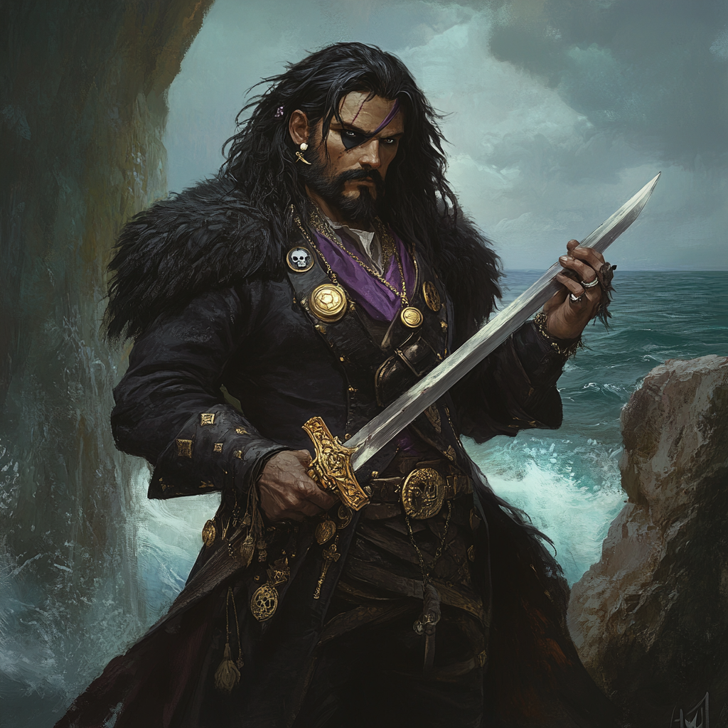 A male pirate with black beard and ringed fingers standing on cliff with sword.