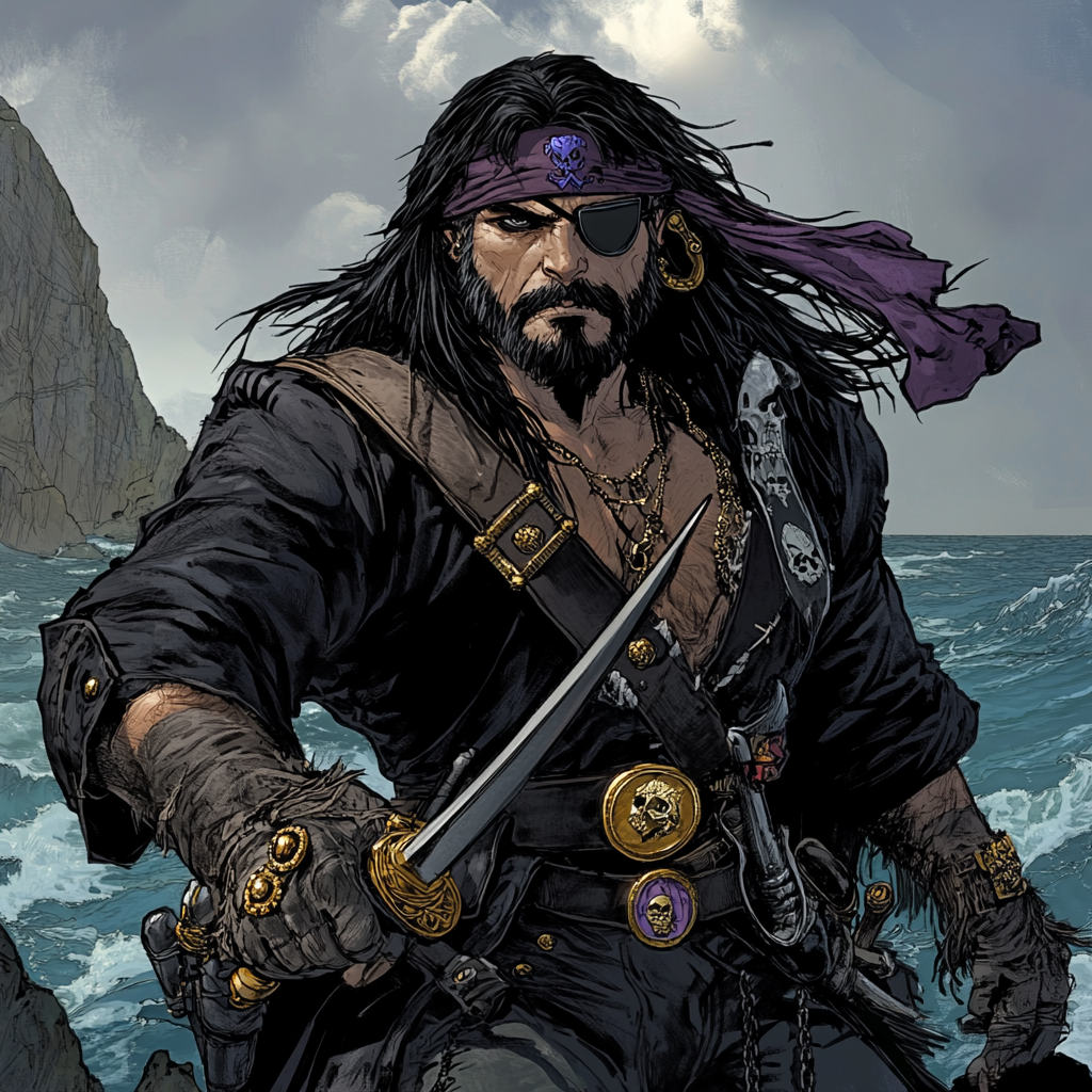 A male pirate with black hair, eye patch, sword, and jewelry, standing on a cliff by the sea.