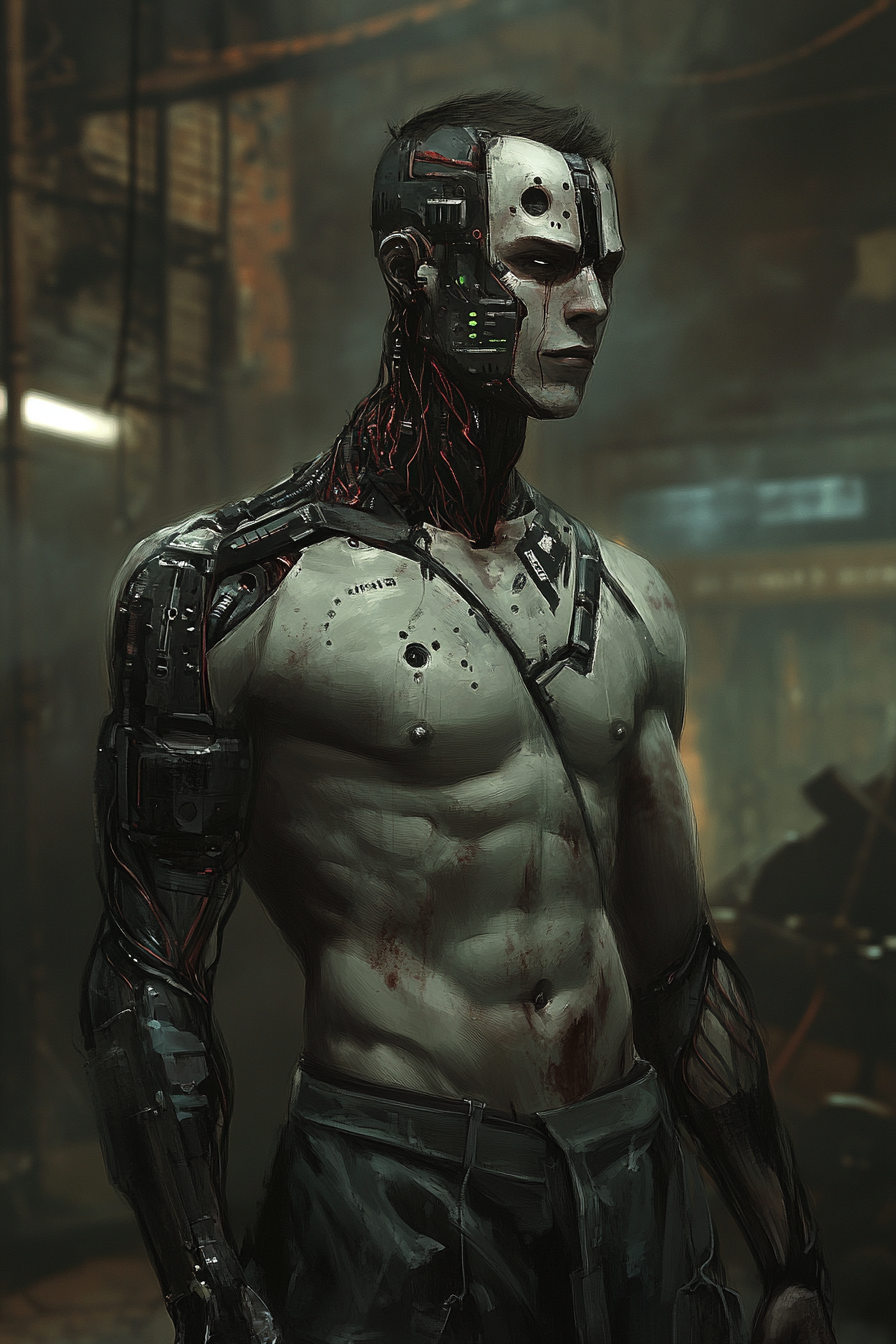 A male servitor with cybernetic enhancements in factory.