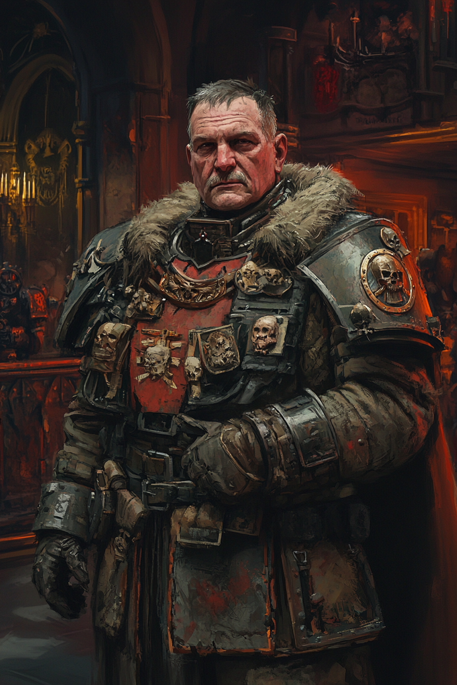 A male warhammer bureaucrat in a grimdark bar.