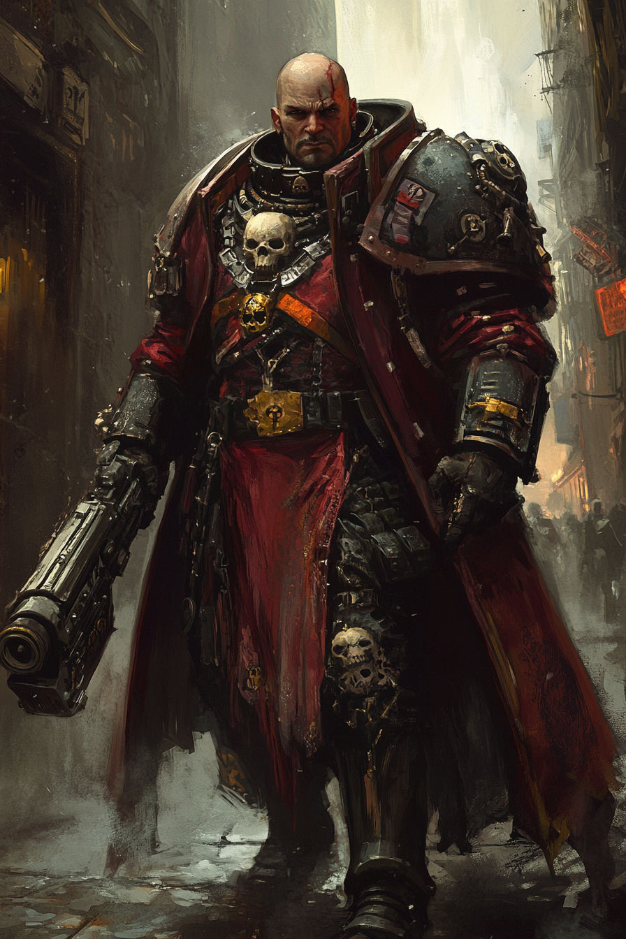 A male warhammer bureaucrat in grimdark street clothes.