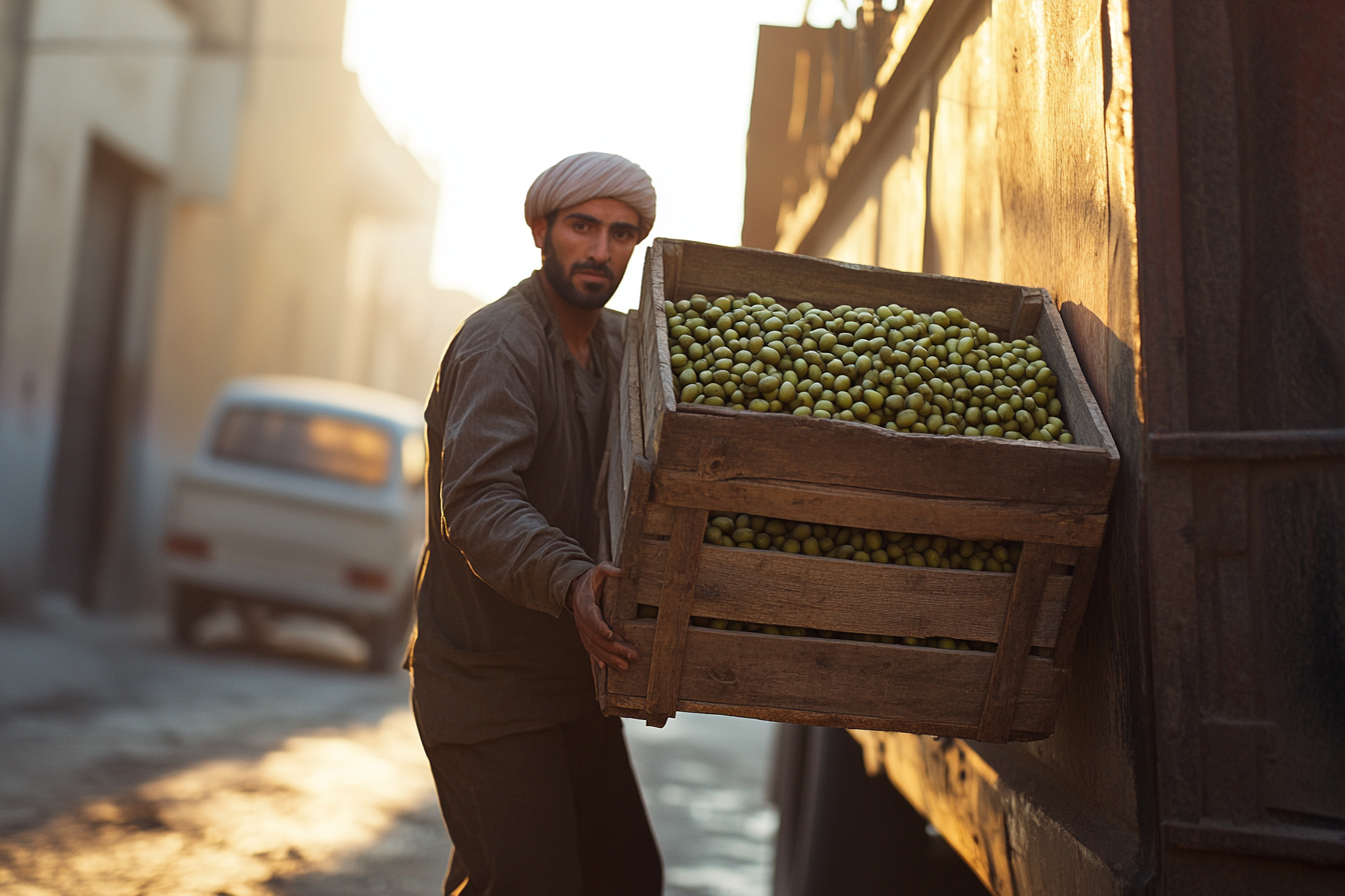 A male worker carrying olives in Iran.