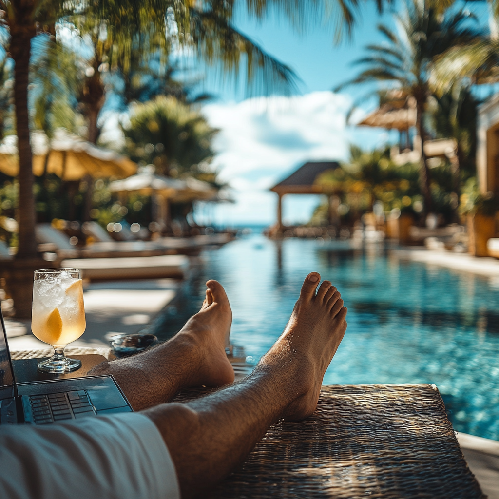 A man's feet on beach chair with laptop