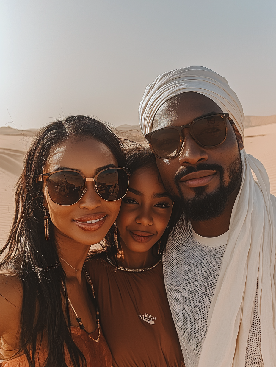 A man, his wife, and daughter in Dubai desert.