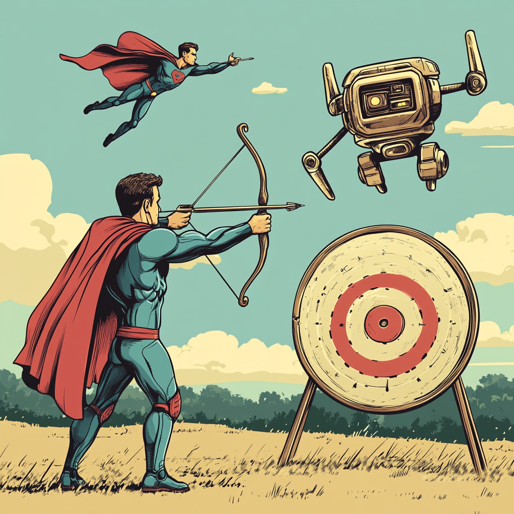 A man aiming bow while superhero robot flying.