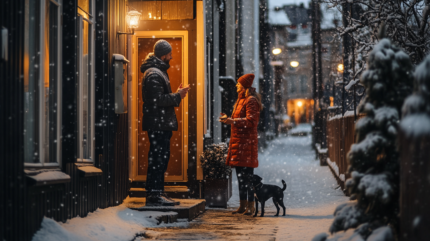 A man and his dog greet a woman.