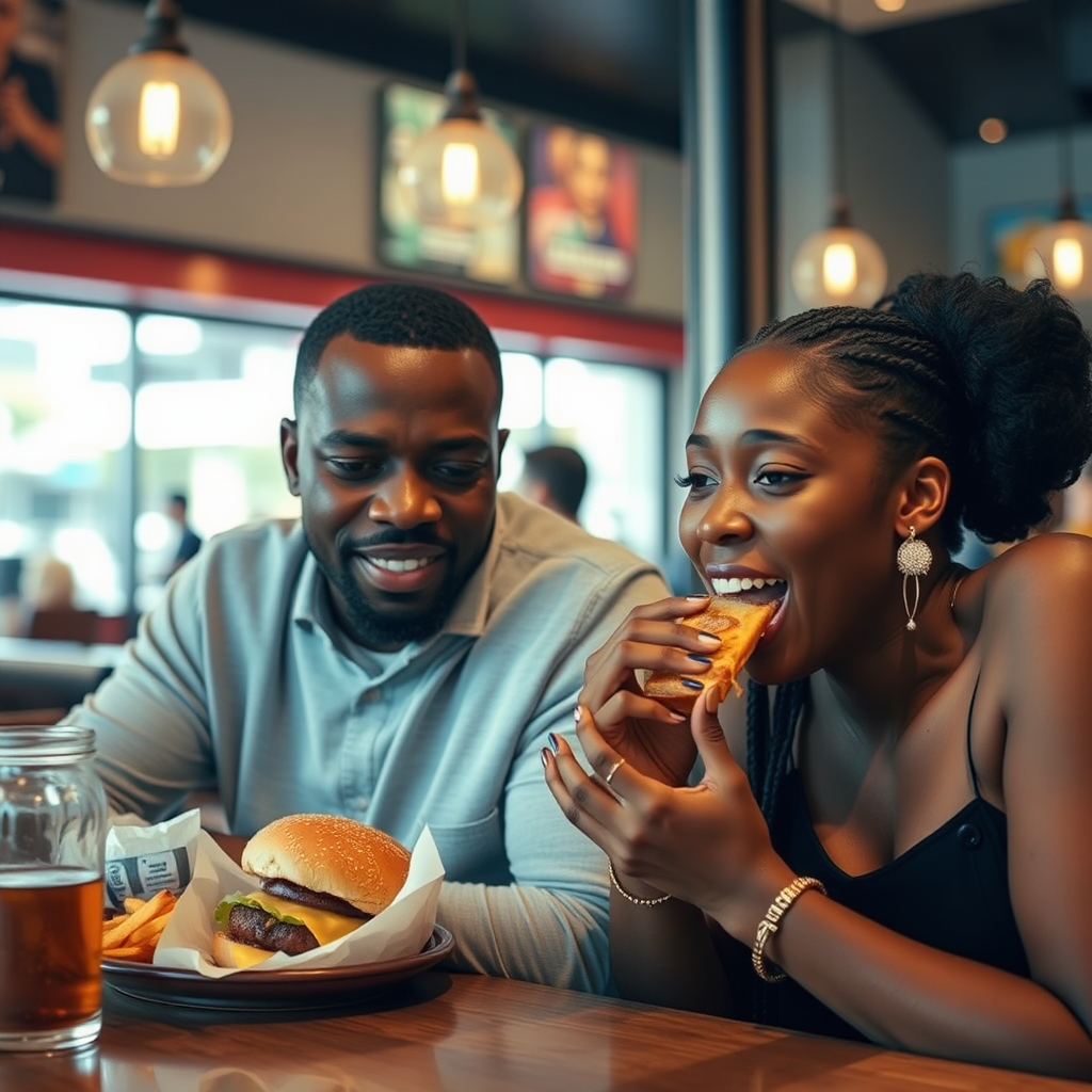 A man and woman eat burger in restaurant