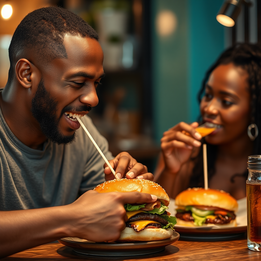 A man and woman eating burgers happily together.