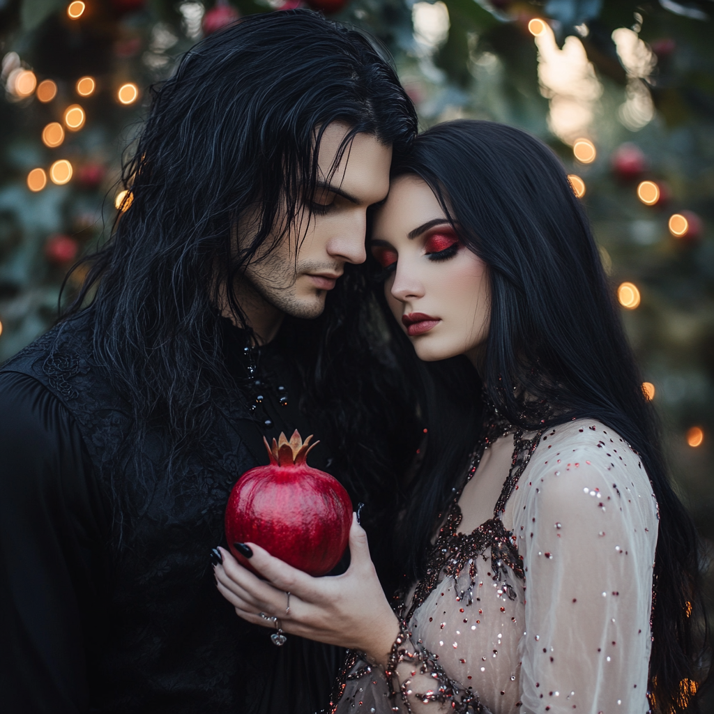 A man and woman in gothic and light clothing.