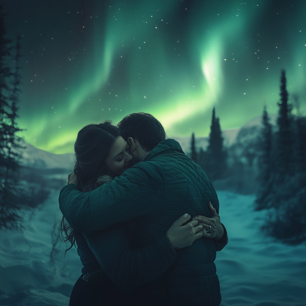 A man and woman watch northern lights happily.