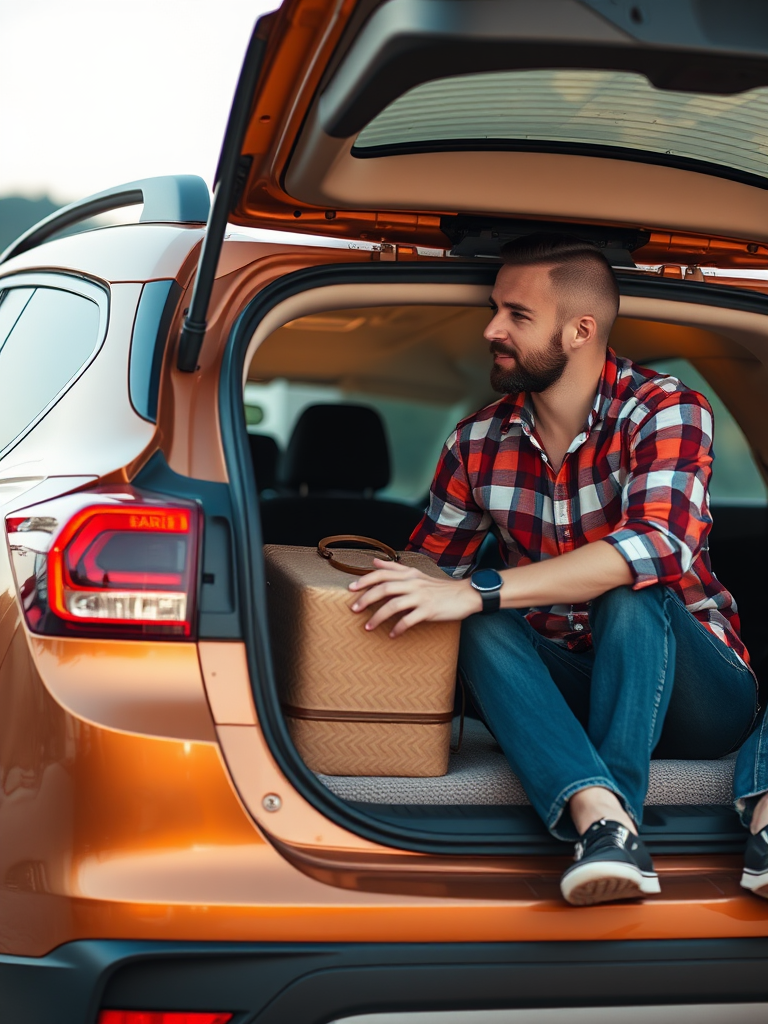 A man carefully packs car for vacation.