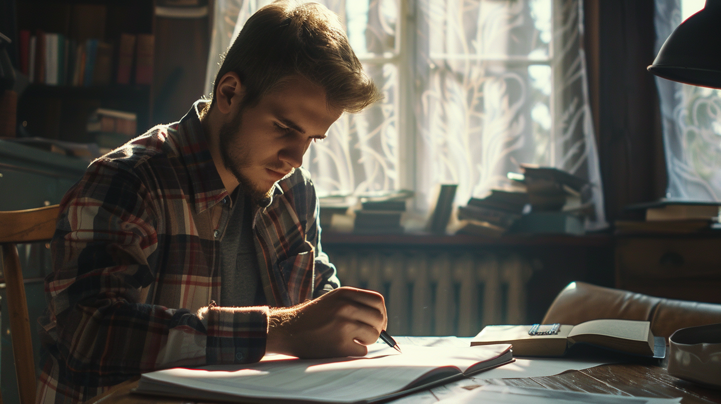 A man filling out papers under bright light