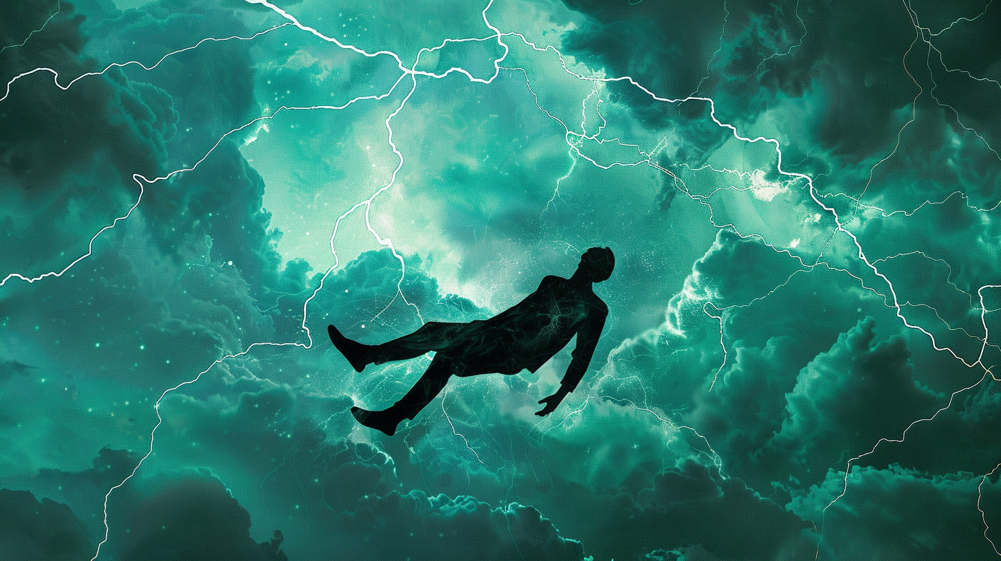 A man floats in sky amid stormy scenery.