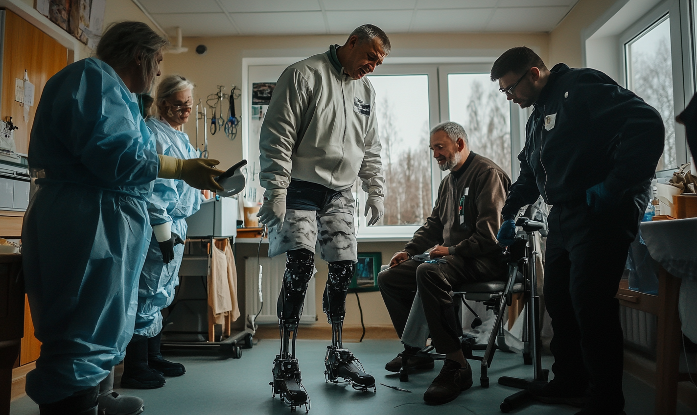 A man gets new leg at Ukrainian rehab clinic.