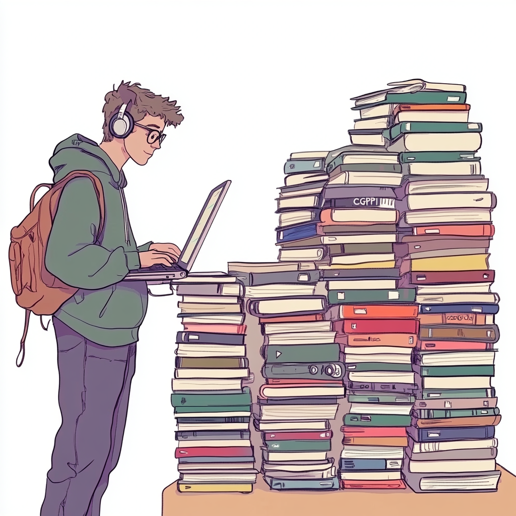 A man holds a programming language, by books.