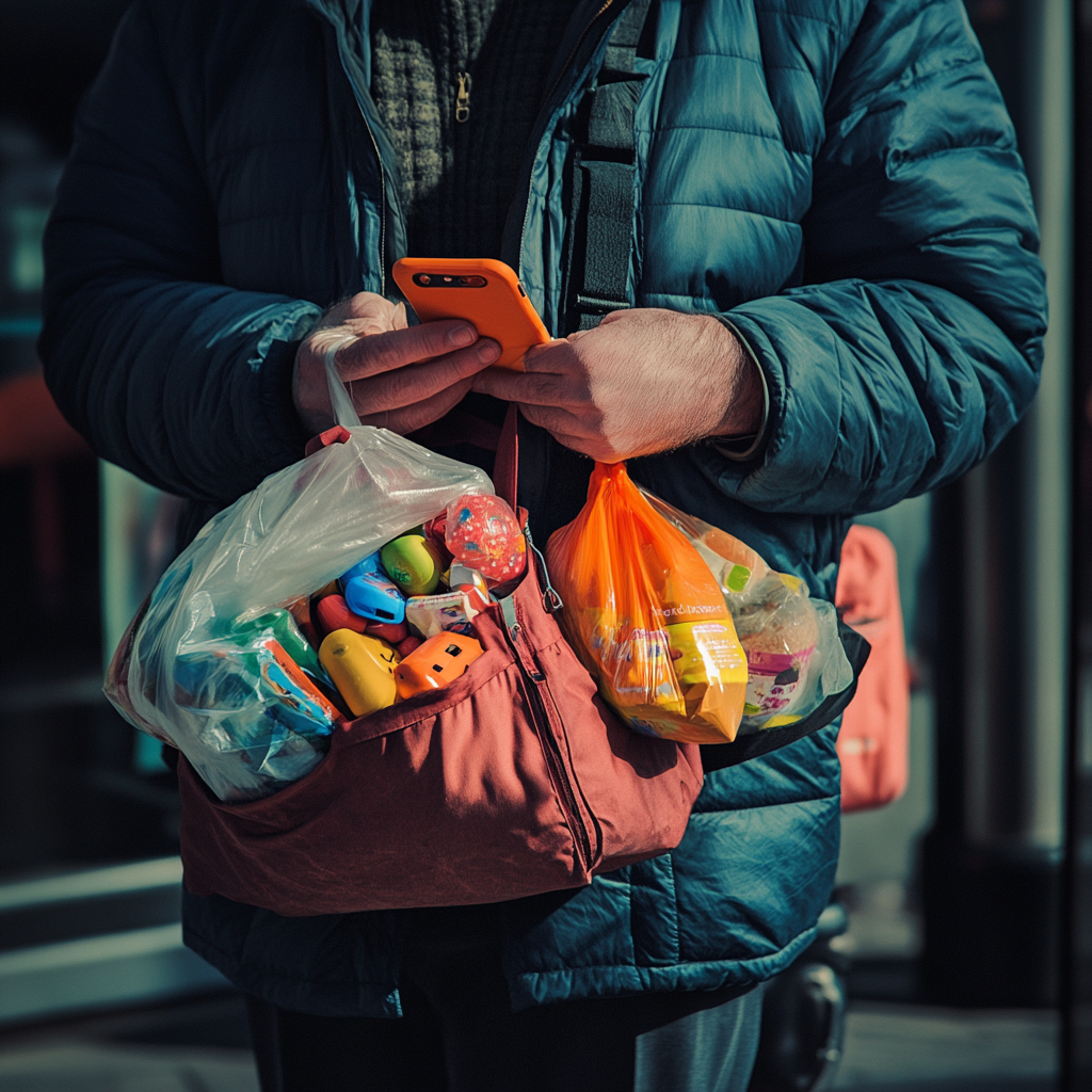 A man holds groceries, toys, phone under sunlight.