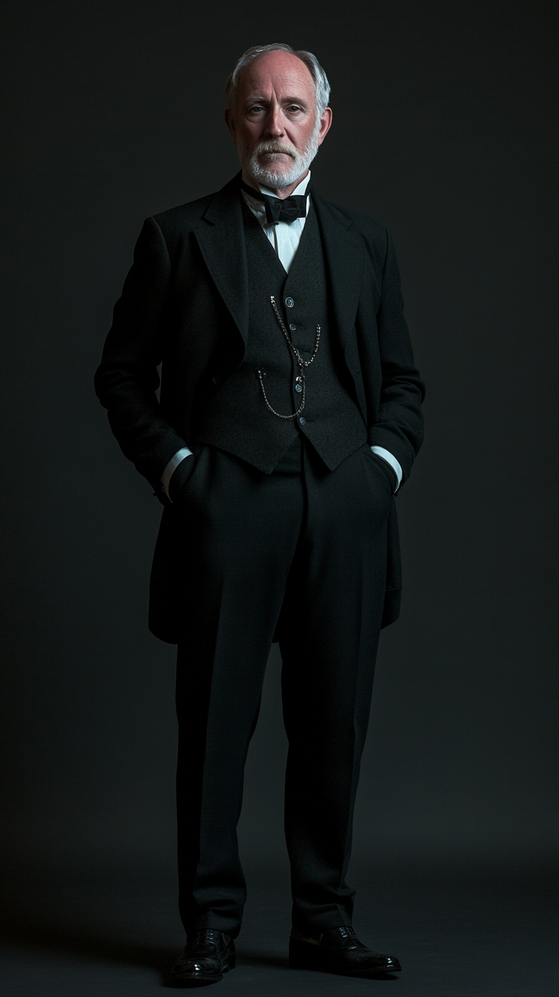 A man in 19th century suit on black floor.