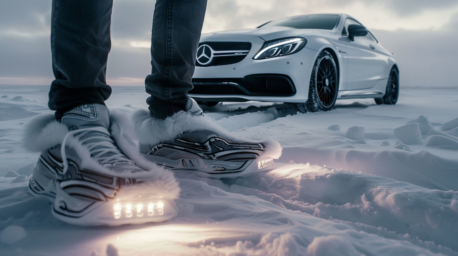 A man in Mercedes slippers on polar ice.