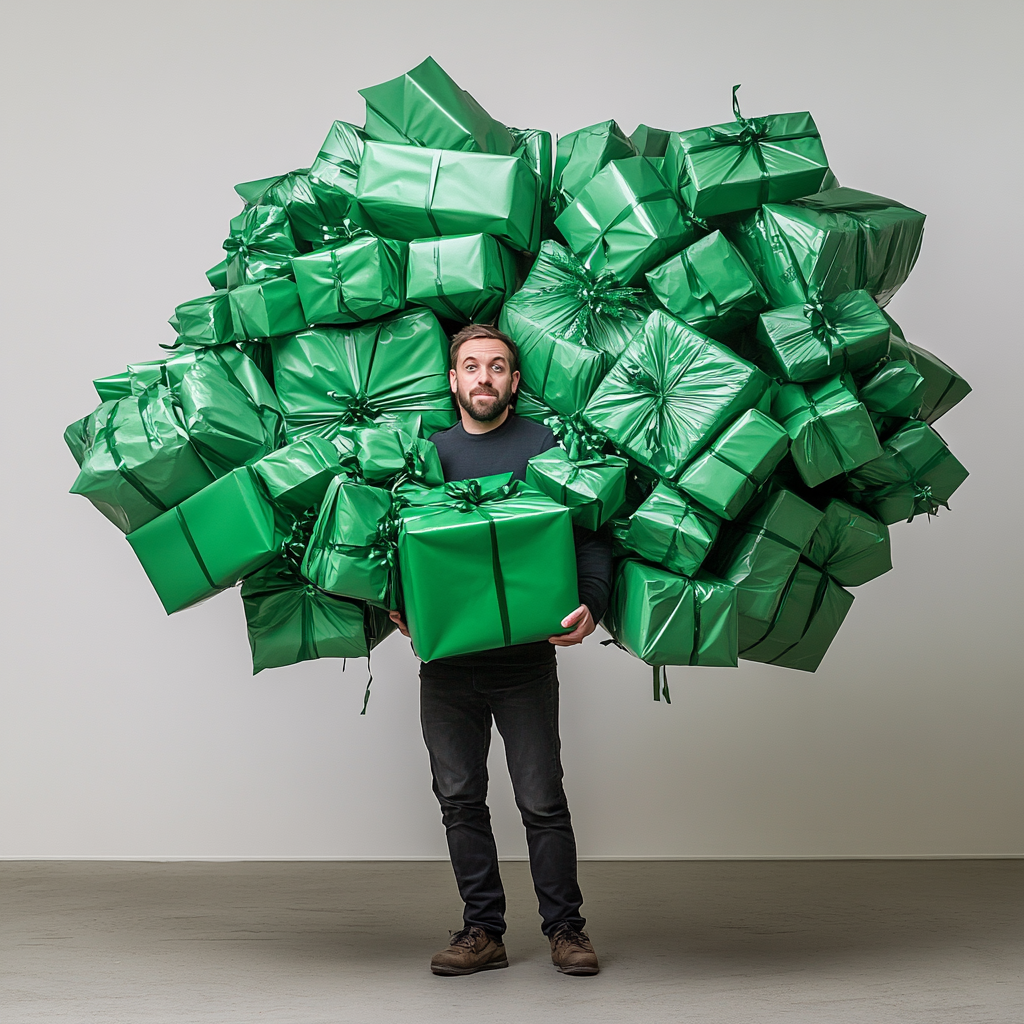 A man in Riga holds giant green gifts